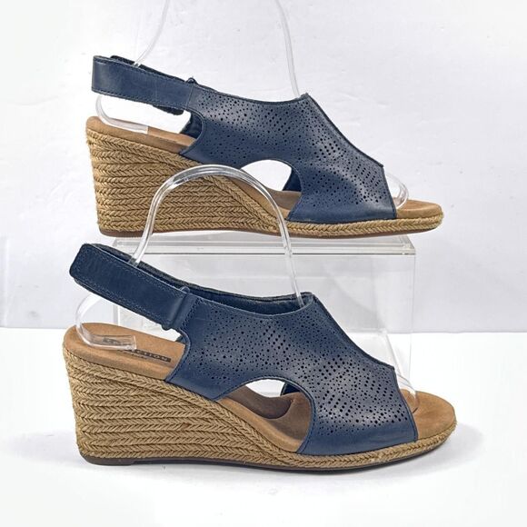Clarks Lafley Rosen Sandals Womens 8.5 Navy Wedge Slingback Espadrille Cushion - Picture 2 of 11